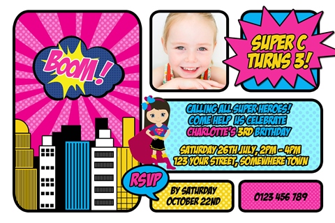 personalised girls Superhero personalised photo birthday party invitations invites