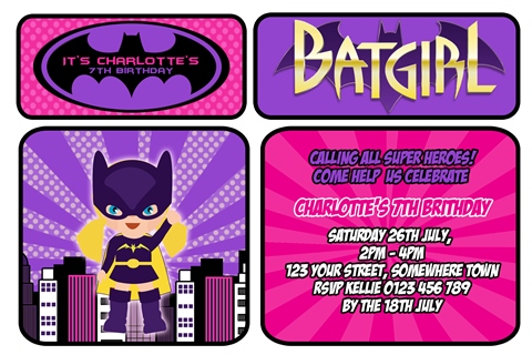 Personalised girls Superhero pink purple batman personalised photo birthday party invitations invites 