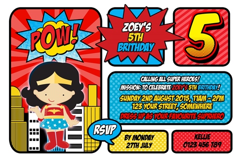 personalised superhero girl wonder women birthday party invitation invite 