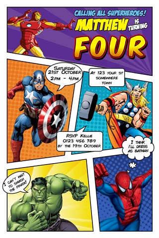 Superhero marvel comic birthday party invitation invite