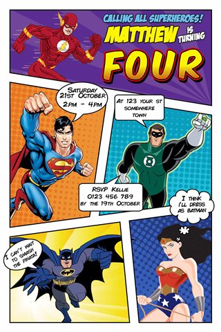 Superhero dc comics birthday party invitation invite