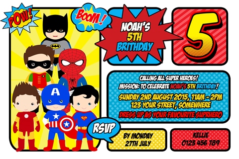 personalised boys superheroes birthday party invitation and invite captain america superman batman spiderman robin 