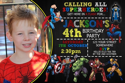 personalised boys superheroes birthday party invitation and invite with photo avengers 