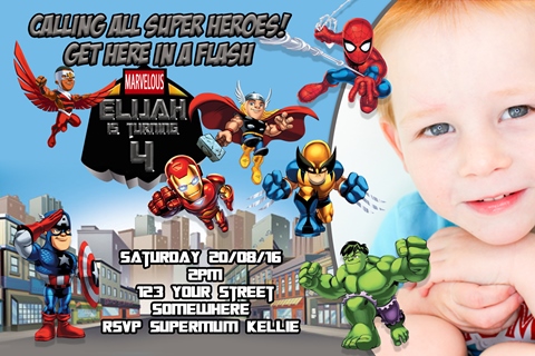 Superhero squad avengers personalised photo birthday party invitations invites 