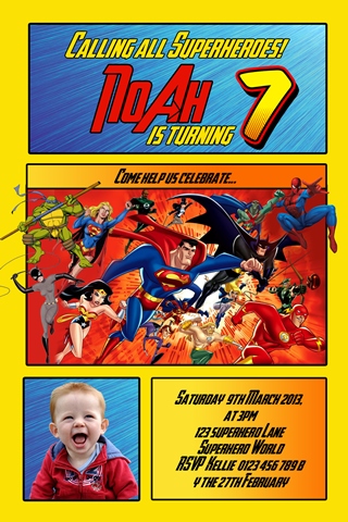 Superhero super hero personalised photo birthday party invitations invites