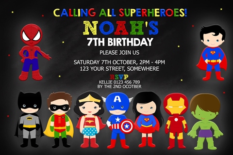 personalised boys girls superheroes birthday party invitation and invite wonderwoman captain america ironman supergirl robin