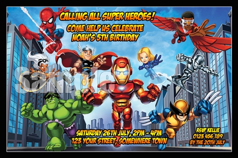 Superhero squad avengers personalised photo birthday party invitations invites 