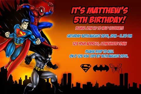 Superhero personalised photo birthday party invitations spiderman batman and superman invites 