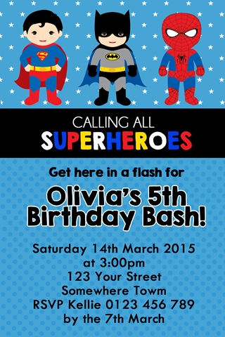 personalised boys Superhero spiderman superman and batman personalised photo birthday party invitations invite 