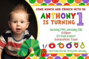 The very hungry caterpillar personalised birthday party invitations with photo