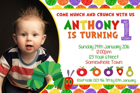 The very hungry caterpillar personalised birthday party invitations with photo