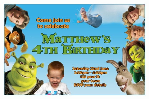 personalised Shrek donkey fiona puss in boots birthday party invitations