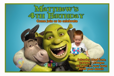 personalised Shrek donkey birthday party invitations