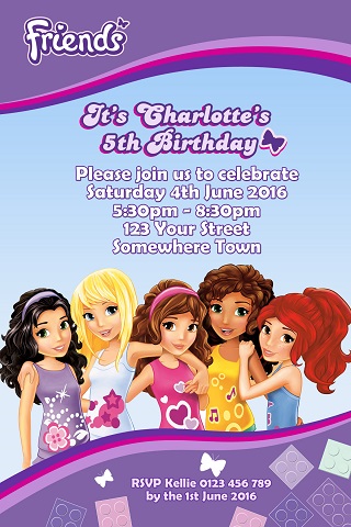 girls lego Friends personalised birthday partyinvitations
