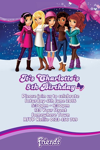 girls Lego Friends personalised birthday partyinvitations