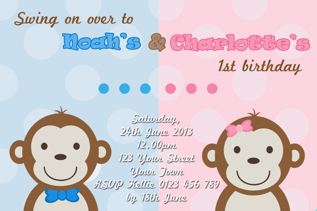 cute twin girl and boy monkey invites