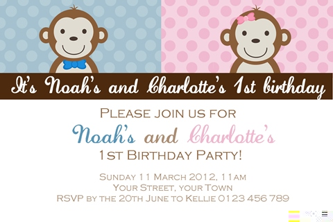 twin girl boy monkey invitations