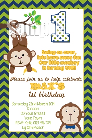 Boys monkey first 1st birthday party invitation