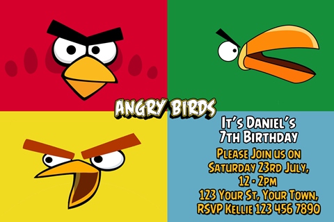 Angry birds red blue yellow green party invitations