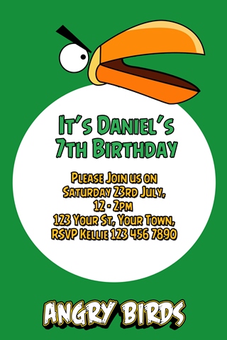 green Angry birds party invitations