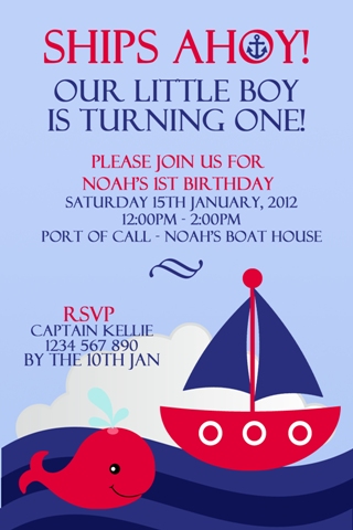 ships ahoy little boy boys Nautical and sail boat navy red birthday party invitation