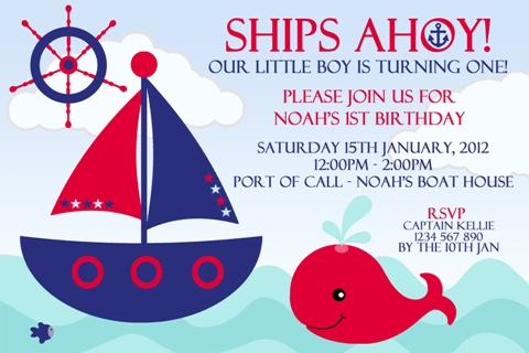 Nautical and sail boat navy red whale birthday party invitation