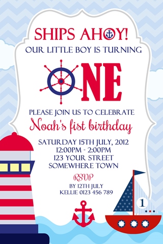 Ahoy sailor nautical boat blue red 2nd birthday invitation