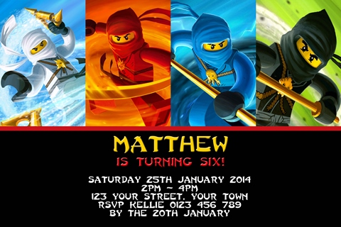 Personalised white red blue green Ninjago Invites