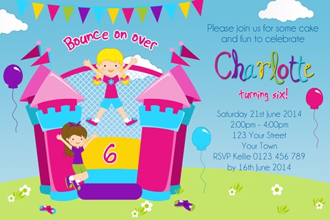 Girls Jumping Castle birthday party invitation