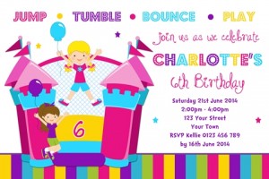 Girls colourful Jumping Castle birthday party invitation