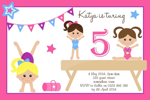 girls Gymnastics beam birthday party invitations