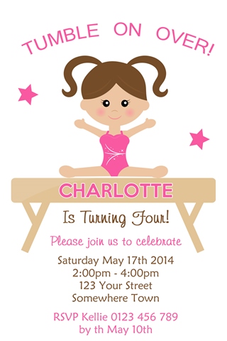 girls Gymnastics beam birthday party invitations