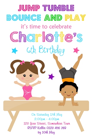 girls and boys gymnastics birthday party invitation