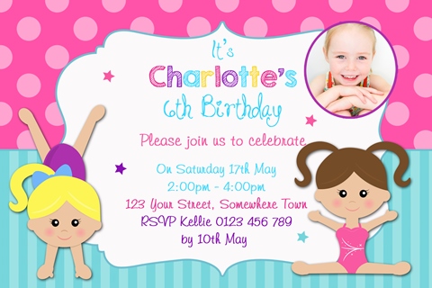 girls Gymnastics pink aqua birthday party invitation