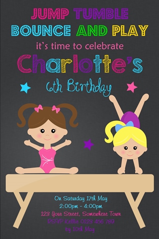 girls Gymnastics birthday party invitation