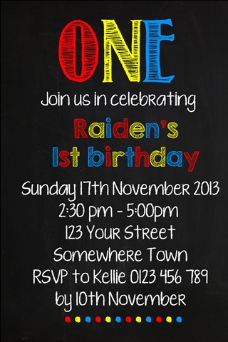 boys red blue yellow chalkboard invite