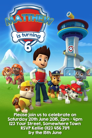 boys girls Paw Patrol birthday party invitation