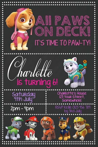 girls chalkboard Paw Patrol personalised birthday party invitations