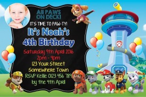 boys and girls Paw Patrol tower and characters personalised birthday party invitations