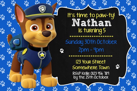 Paw Patrol boys chase birthday party invitations