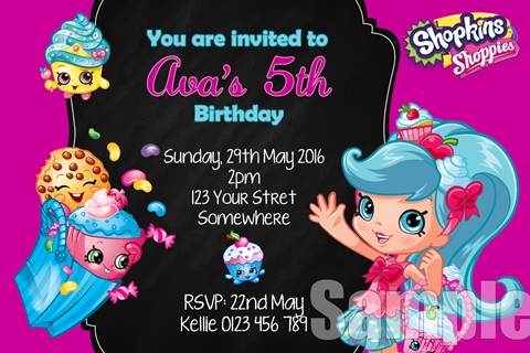 girls Shopkins character doll birthday party invitation
