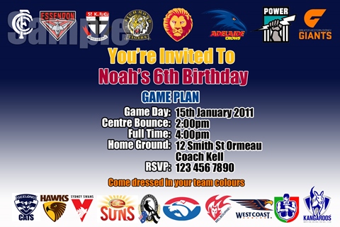 AFL club personalised birthday party invitation