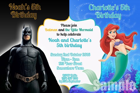 Batman and Little Mermaid 1 personalised invitation