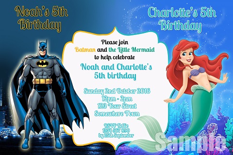 Batman and Little Mermaid 2 personalised invitation