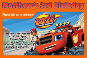 boys orange Blaze and the Monster Machines personalised birthday party invitations