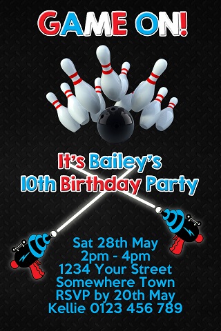 Bowling and Laser Tag personalised invitations