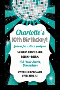 green mint Disco ball personalised birthday party invitations