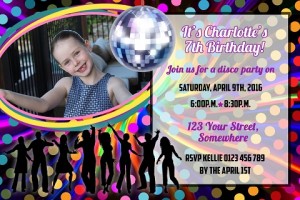 colourful boys girls Disco ball personalised invitations