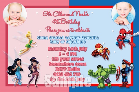 Fairy and super hero 1 with photo personalised invitation