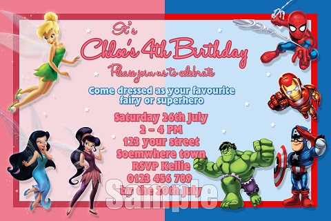 Fairy and super hero 1 personalised invitation